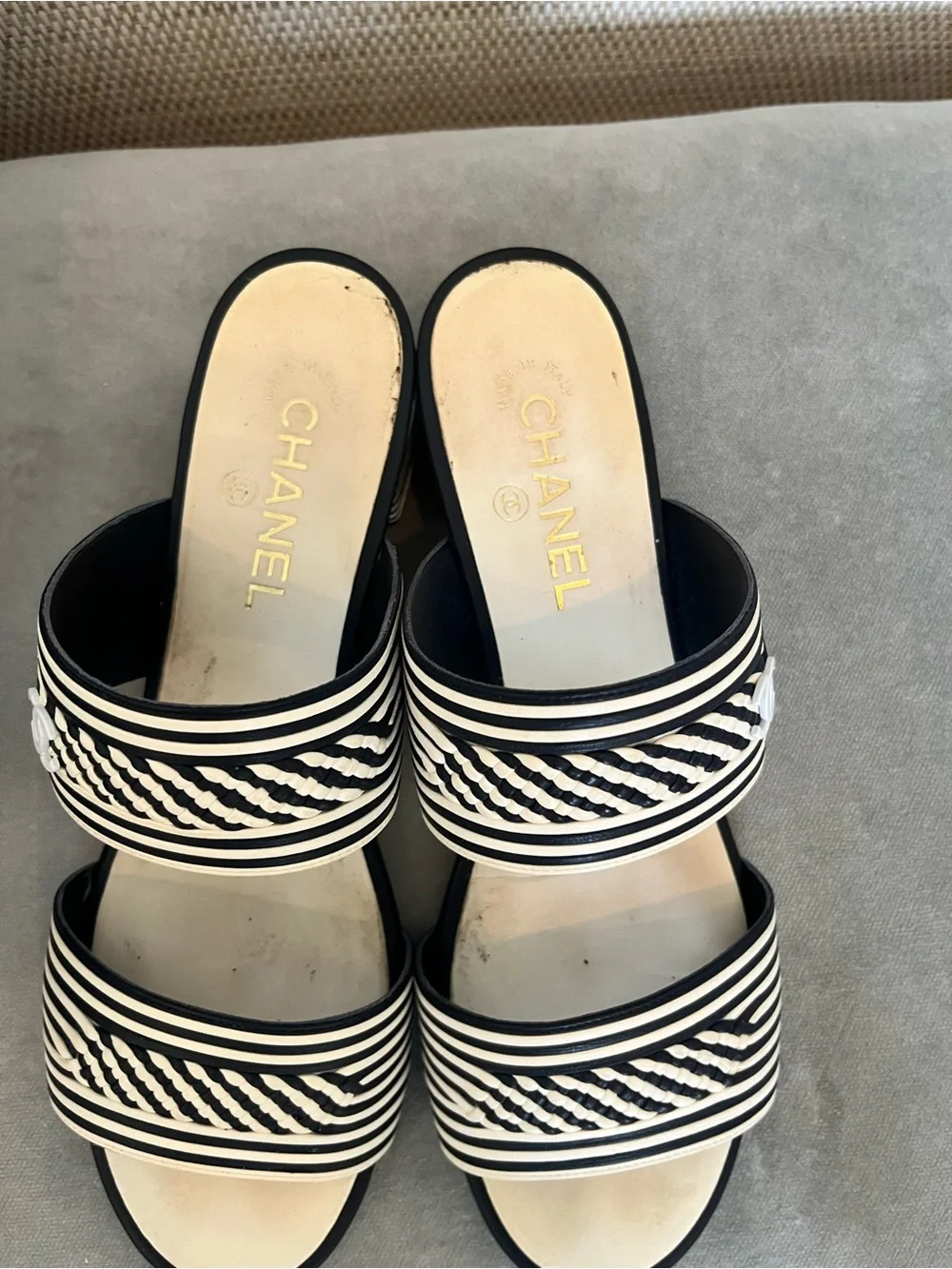 CHANEL Black & White Striped Slide Sandals size 41